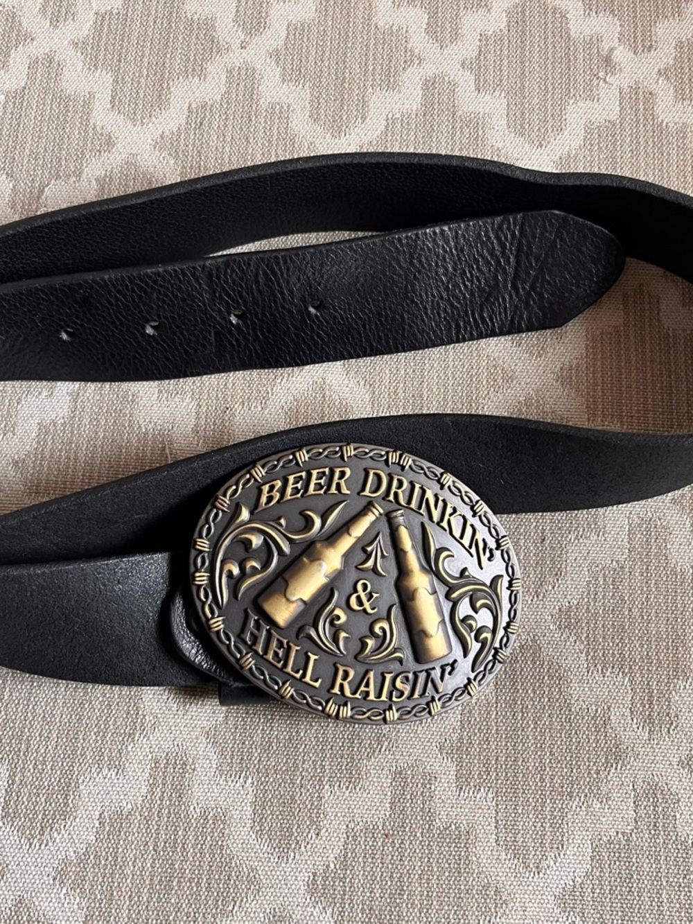 Justin Leather Belt Black 38 Cody James Buckle “Beer drinkin hell Raisin” men’s